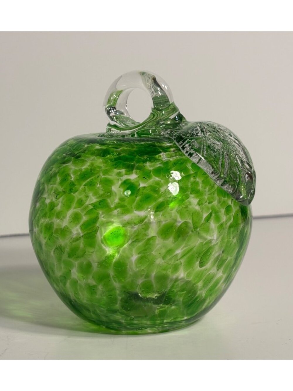 Vintage Green Spatter Glass Apple Paperweight | Art Glass Fruit Decor with Clear